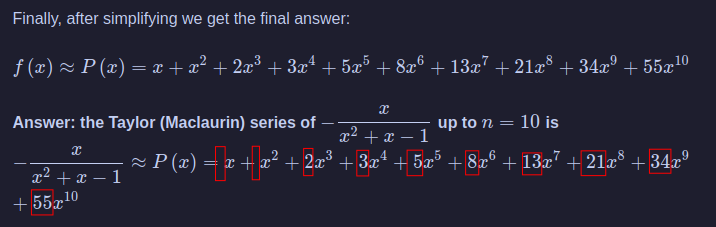 The 10th-order Macluarin polynomial for -x/(x^2 + x - 1)